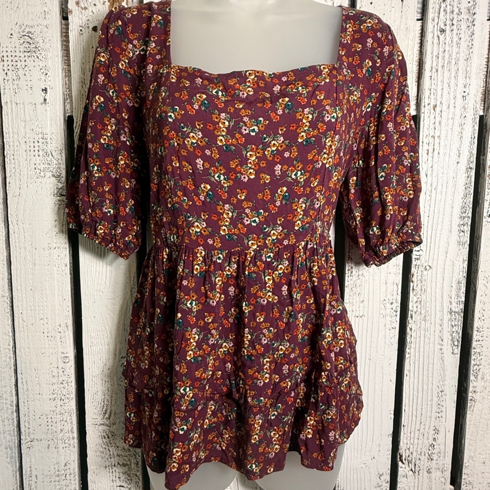 Live to Be Spoiled Burgundy Floral Top Size Med Smocked Square Neck Peasant Boho